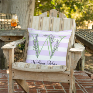 Lavender light purple white strips monogram outdoor pillow