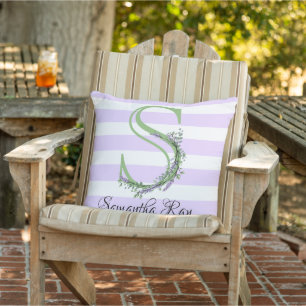 Lavender light purple white strips monogram outdoor pillow