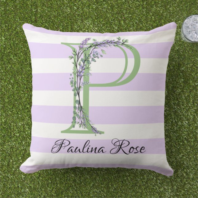 Lavender light purple white strips monogram outdoor pillow (Grass)