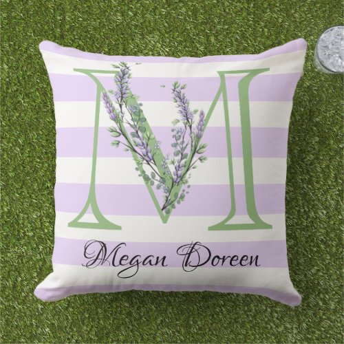 Lavender light purple white strips monogram outdoor pillow