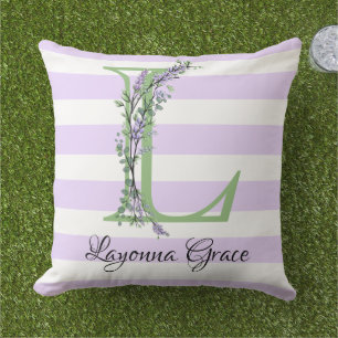 Lavender light purple white strips monogram outdoor pillow