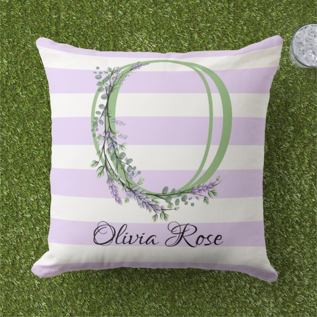 Lavender light purple white strips monogram outdoor pillow (Grass)