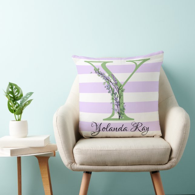 Lavender light purple white strips monogram throw pillow (Chair)