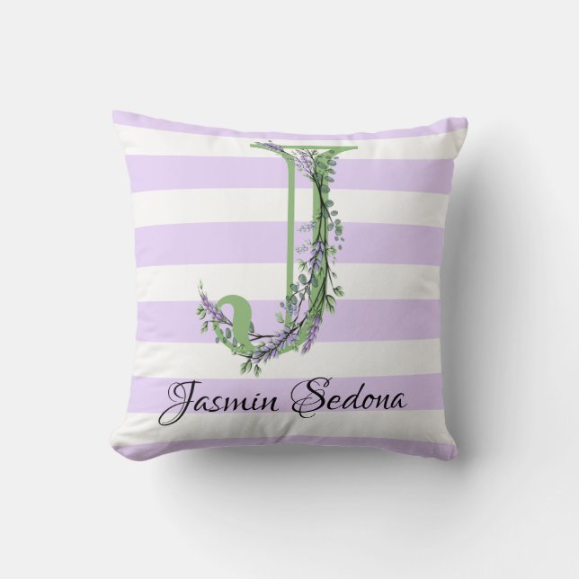 Lavender light purple white strips monogram throw pillow (Front)