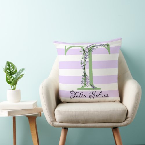 Lavender light purple white strips monogram throw pillow