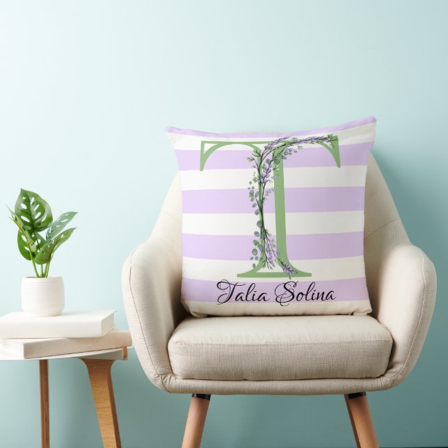 Lavender light purple white strips monogram throw pillow (Chair)