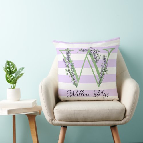 Lavender light purple white strips monogram throw pillow