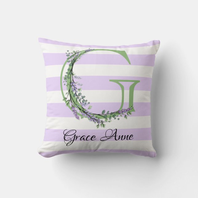 Lavender light purple white strips monogram throw pillow (Front)