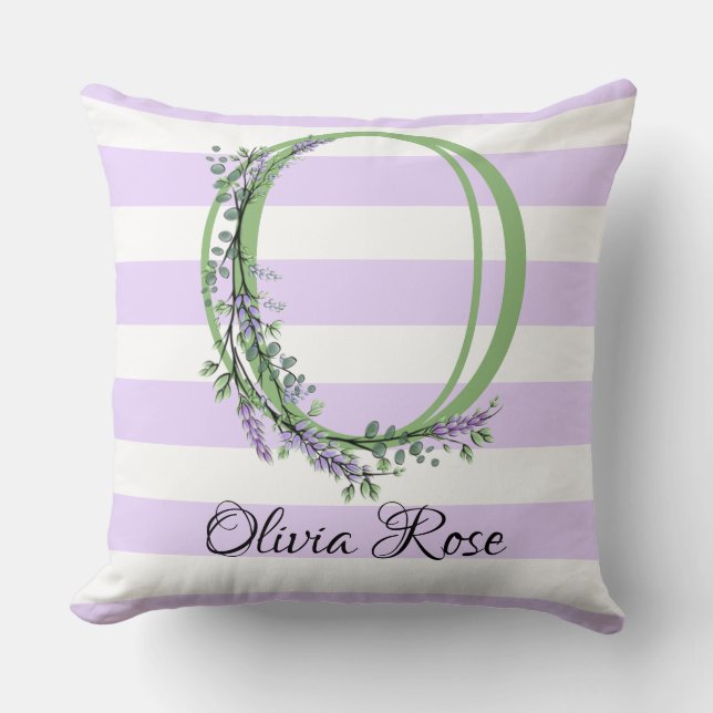 Lavender light purple white strips monogram throw pillow (Front)