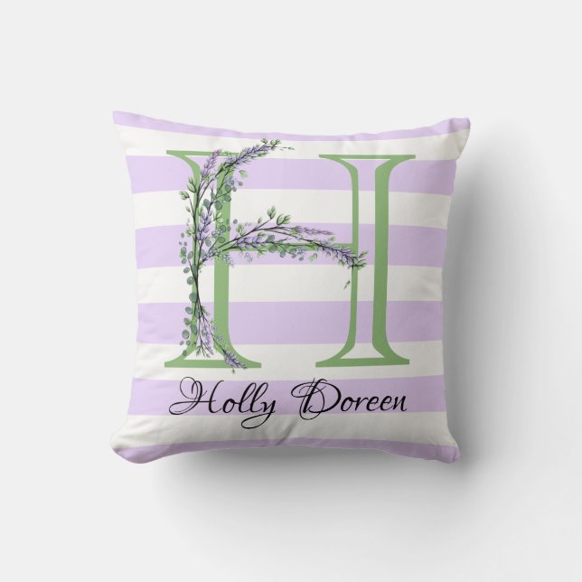 Lavender light purple white strips monogram throw pillow (Front)