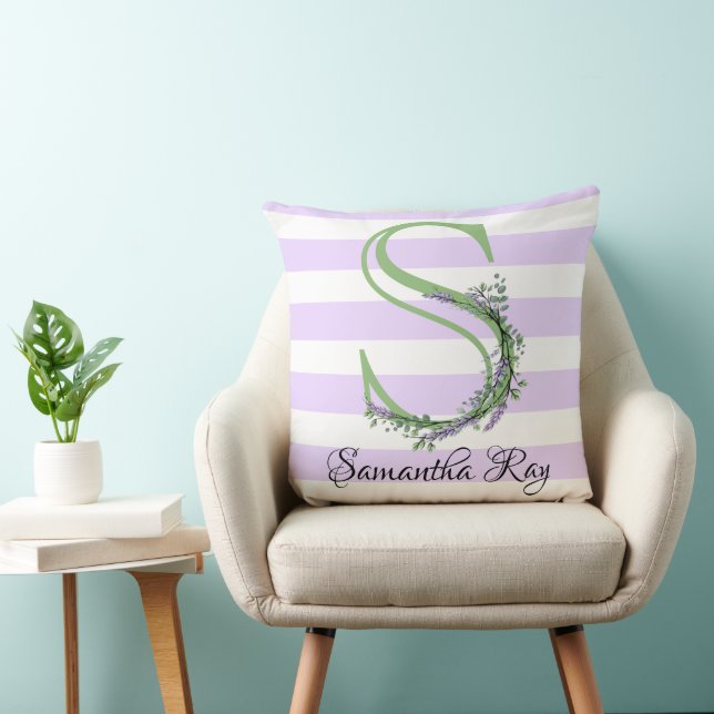 Lavender light purple white strips monogram throw pillow (Chair)