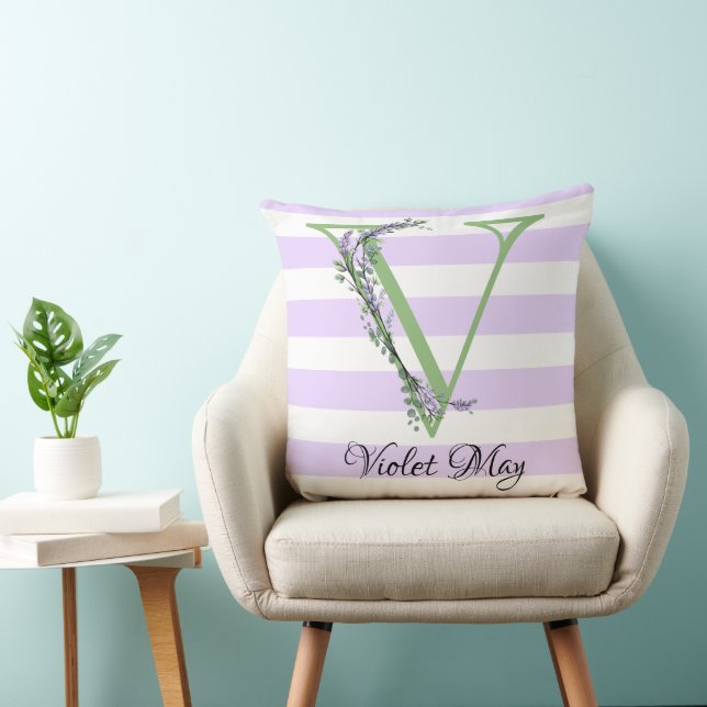 Lavender light purple white strips monogram throw pillow (Chair)