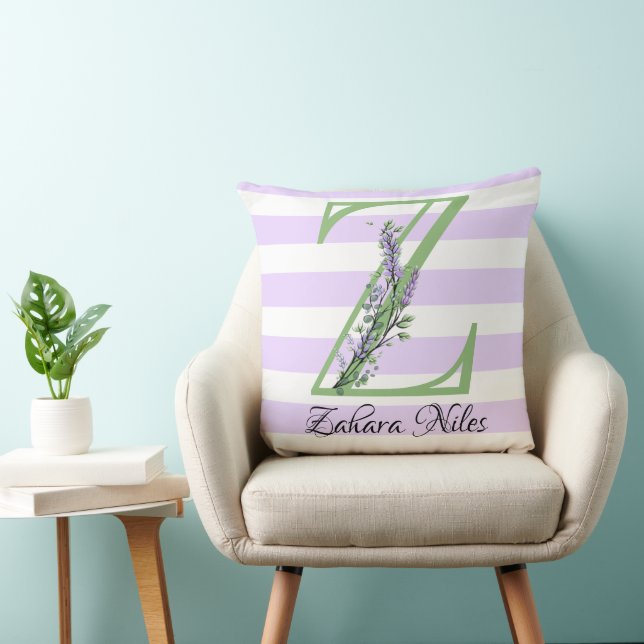 Lavender light purple white strips monogram throw pillow (Chair)