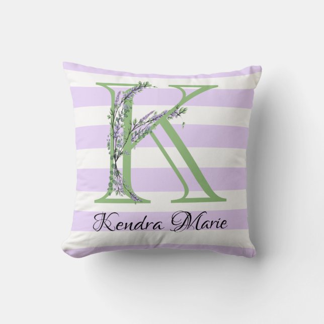 Lavender light purple white strips monogram throw pillow (Front)