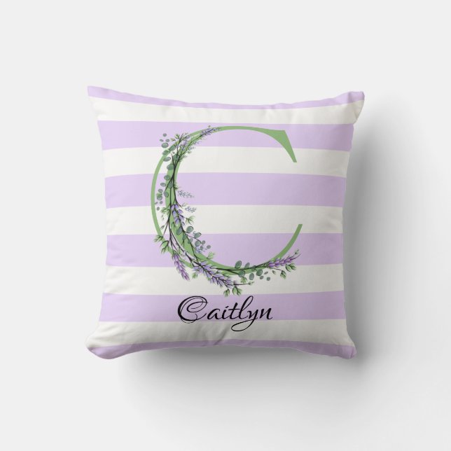Lavender light purple white strips monogram throw pillow (Front)