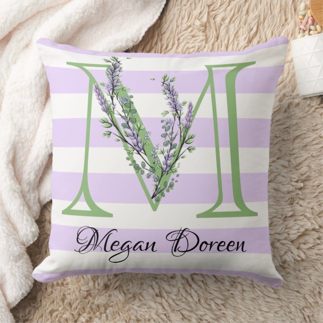 Lavender light purple white strips monogram throw pillow (Blanket)
