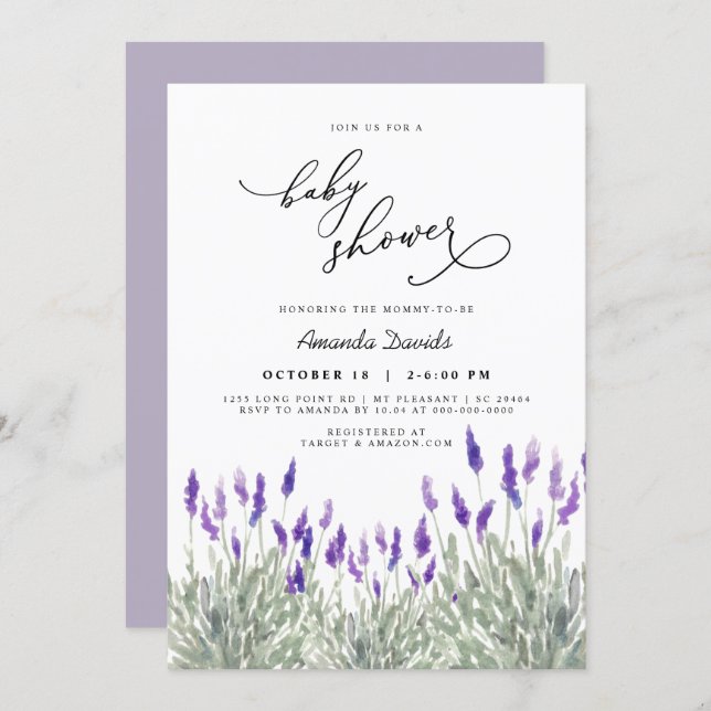 Lavender Lila Greenery Gender Neutral Baby Shower Invitation (Front/Back)