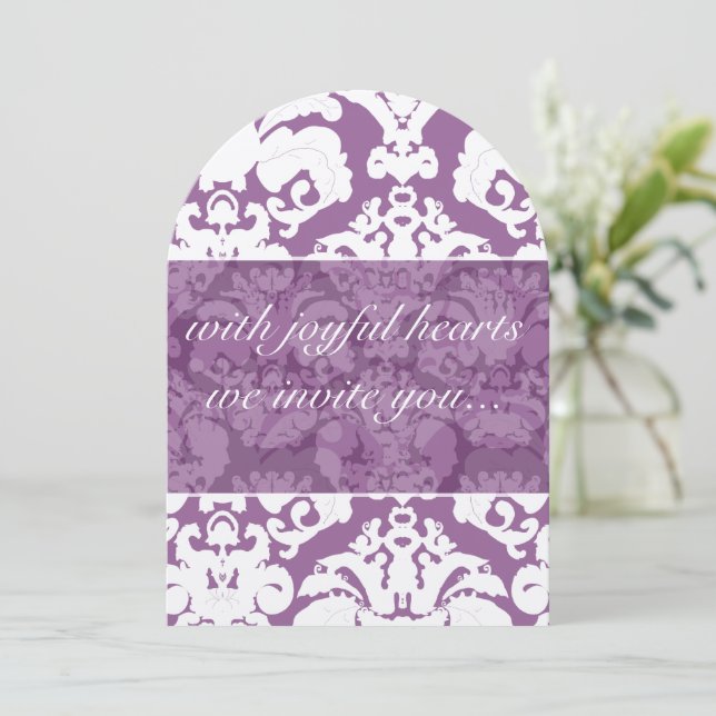 Lavender Lilac Damask Wedding Invitation (Standing Front)