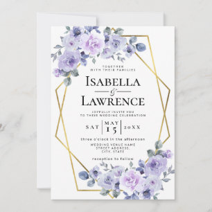 Lavender Lilac Floral Gold Frame Elegant Wedding Invitation