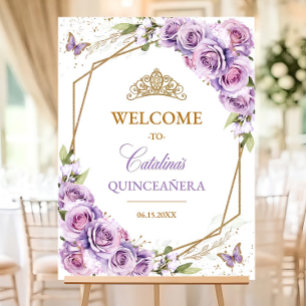 Lavender Lilac Floral Silver Quinceañera Sign Bday