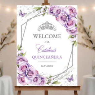 Lavender Lilac Floral Silver Quinceañera Sign Bday