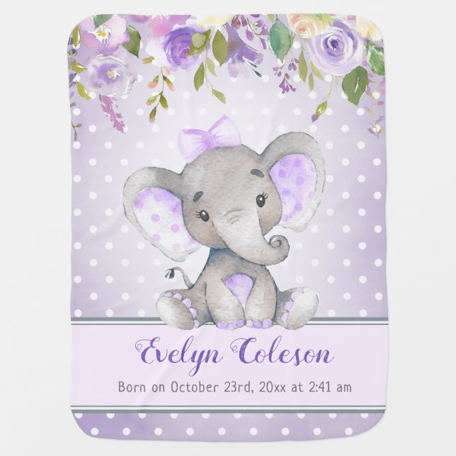 Lavender Lilac Girl Elephant Little Peanut Nursery Baby Blanket (Front)