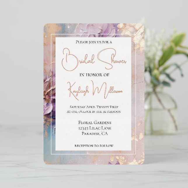 Lavender Lilac Gold Aqua Floral Bridal Shower Foil Invitation (Standing Front)