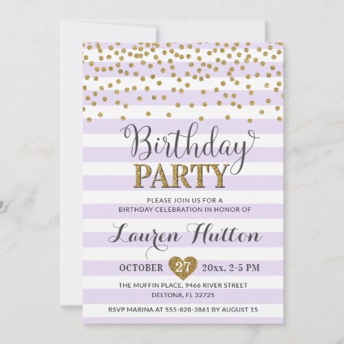 Lavender Lilac Gold Glitter Elegant Birthday Party Invitation