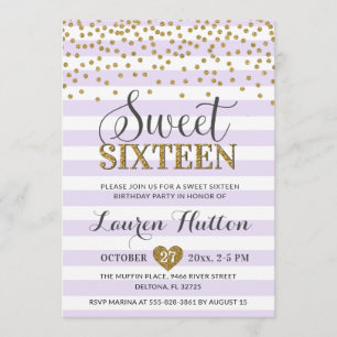 Lavender Lilac Gold Sweet Sixteen Party Birthday Invitation