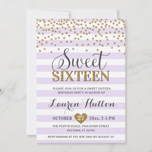Lavender Lilac Gold Sweet Sixteen Party Birthday Invitation