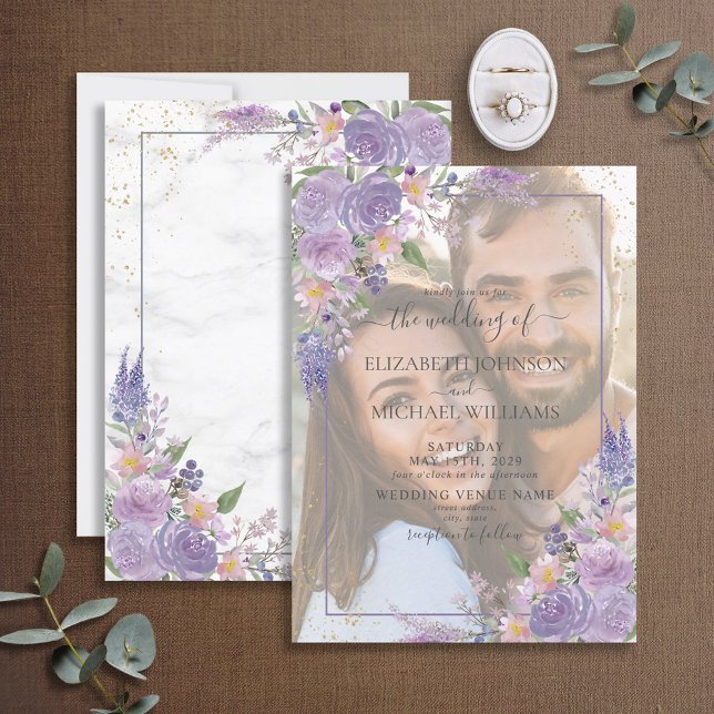 Lavender Lilac Gold Vellum Overlay Photo Wedding Invitation (Creator Uploaded)