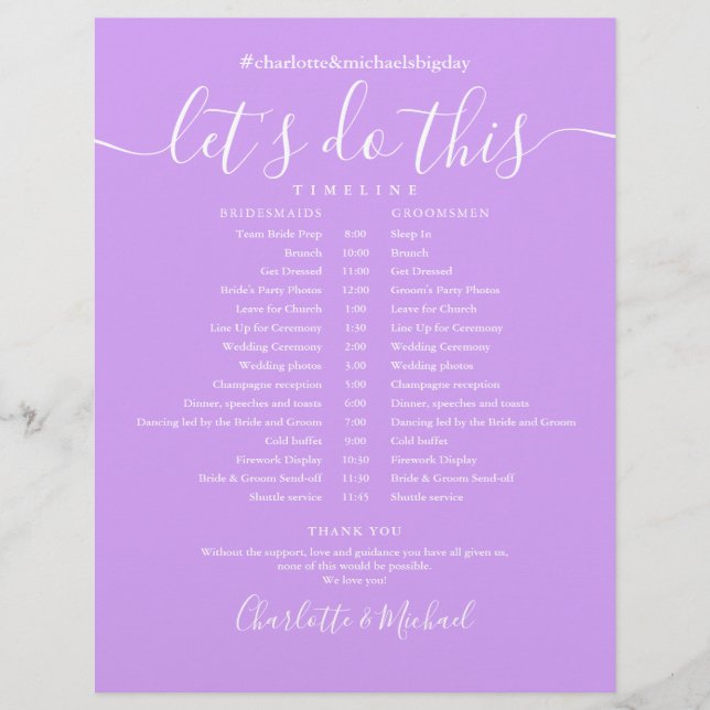 Lavender Lilac Modern Wedding Schedule Timeline (Front)