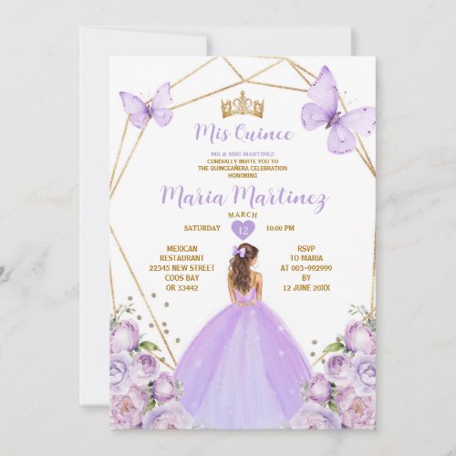 Lavender Lilac Princess Butterfly Gold Quiceanera Invitation