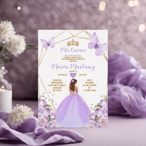 Lavender Lilac Princess Butterfly Gold Quiceanera Invitation