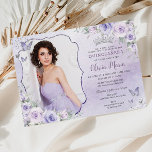 Lavender Lilac Purple Floral Photo Quinceañera Invitation<br><div class="desc">Personalize this soft lavender purple lilac floral Quinceañera / Sweet 16 birthday photo/ picture invitation easily and quickly. Simply click the Edit Using Design Tool button to further edit the texts, change fonts, fonts colors and adjust the picture. Featuring pretty pastel lavender purple flowers, delicate greenery and purple and silver...</div>