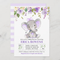 Lavender Lilac Purple Girl Elephant Baby Shower Invitation