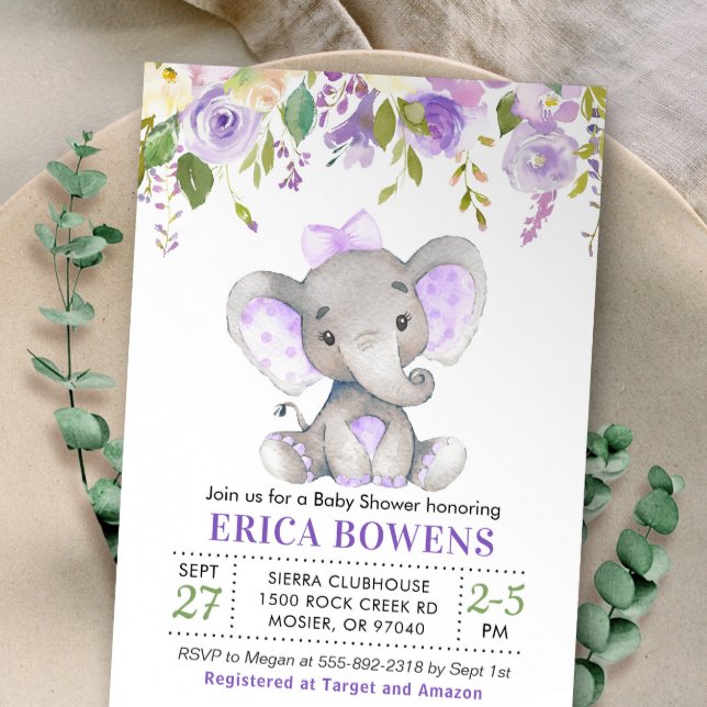 Lavender Lilac Purple Girl Elephant Baby Shower Invitation