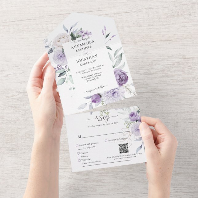 Lavender Lilac Purple Peonies Greenery Wedding All In One Invitation (Tearaway)
