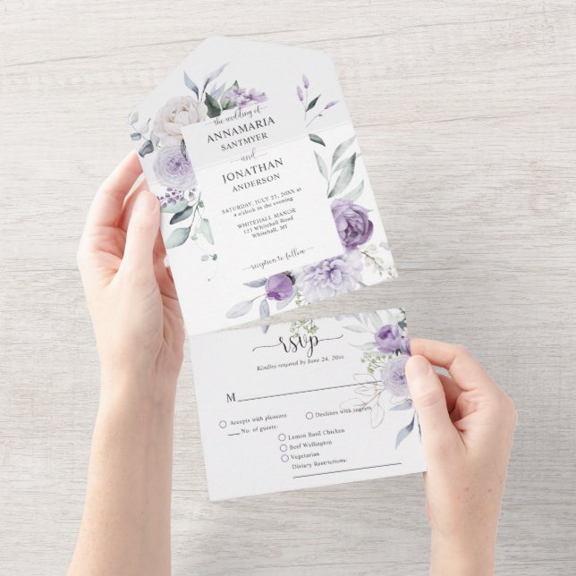 Lavender Lilac Purple Peonies Greenery Wedding All In One Invitation (Tearaway)