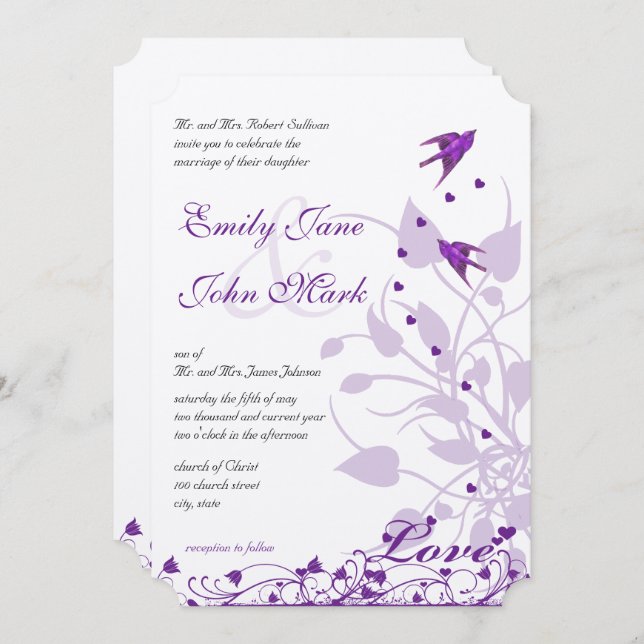 Lavender & Lilac Purple Plum Love Bird Wedding Invitation (Front/Back)