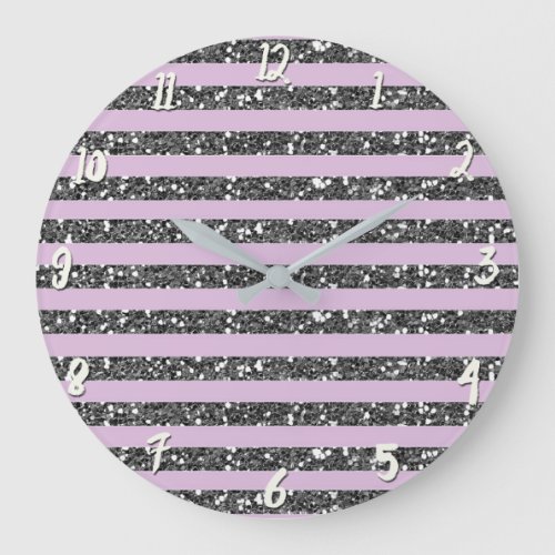 Lavender Lilac Purple Silver Glitter Stripes Large Clock