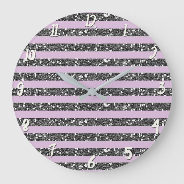 Lavender Lilac Purple Silver Glitter Stripes Large Clock (Front)