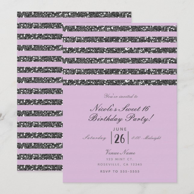 Lavender Lilac Purple Silver Glitter Stripes Party Invitation (Front/Back)