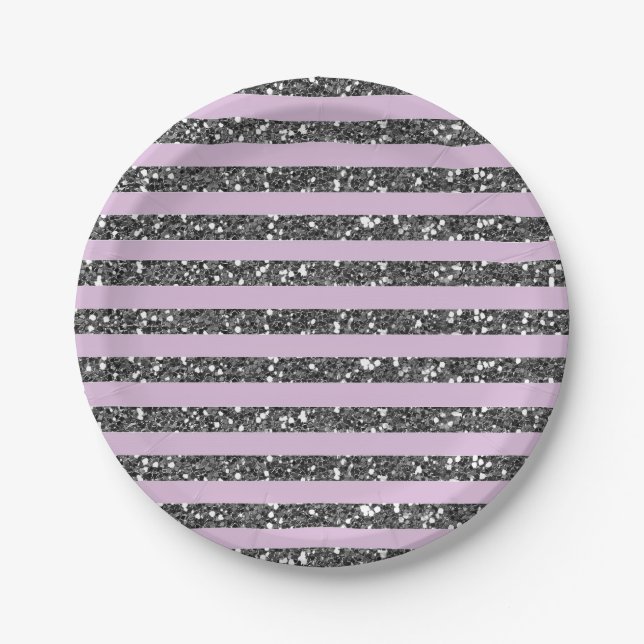 Lavender Lilac Purple Silver Glitter Stripes Party Paper Plates (Front)