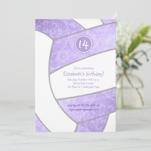 Lavender lilac purple volleyball girls birthday invitation (Standing Front)