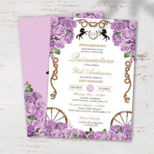 Lavender Lilac Roses Western Charro Quinceanera Invitation