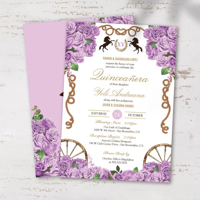 Lavender Lilac Roses Western Charro Quinceanera Invitation (Creator Uploaded)