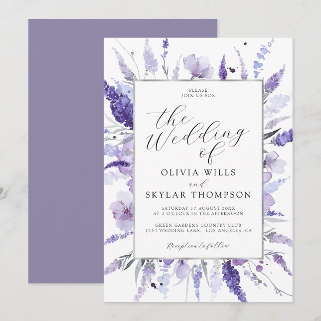 Lavender Lilac Silver Floral Botanical Wedding  Invitation (Front/Back)