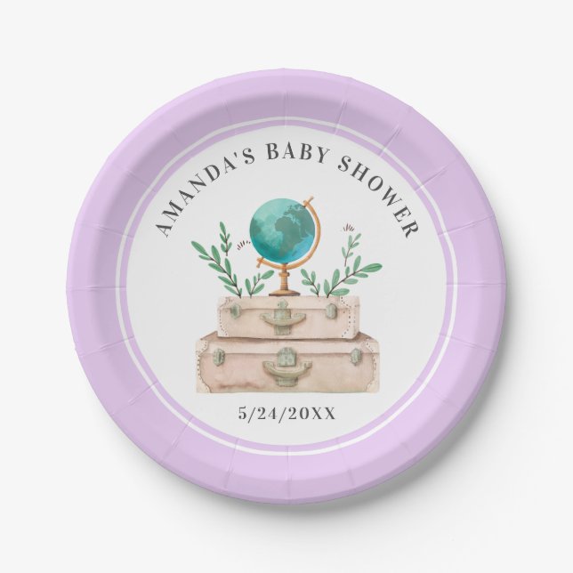 Lavender Lilac Travel Suitcase Baby Girl Shower Paper Plates (Front)