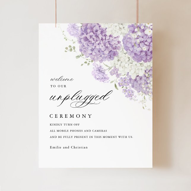 Lavender Lilac Unplugged Ceremony Wedding Sign (Lavender hydrangea unplugged ceremony wedding sign, lilac white floral elegant welcome signage)